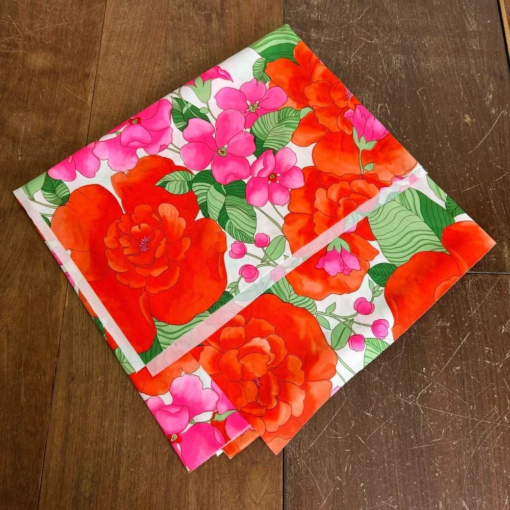 Vintage 70s‎ Retro Floral Fabric Orange Pink Green 54.5 x 60 inches Large Flower